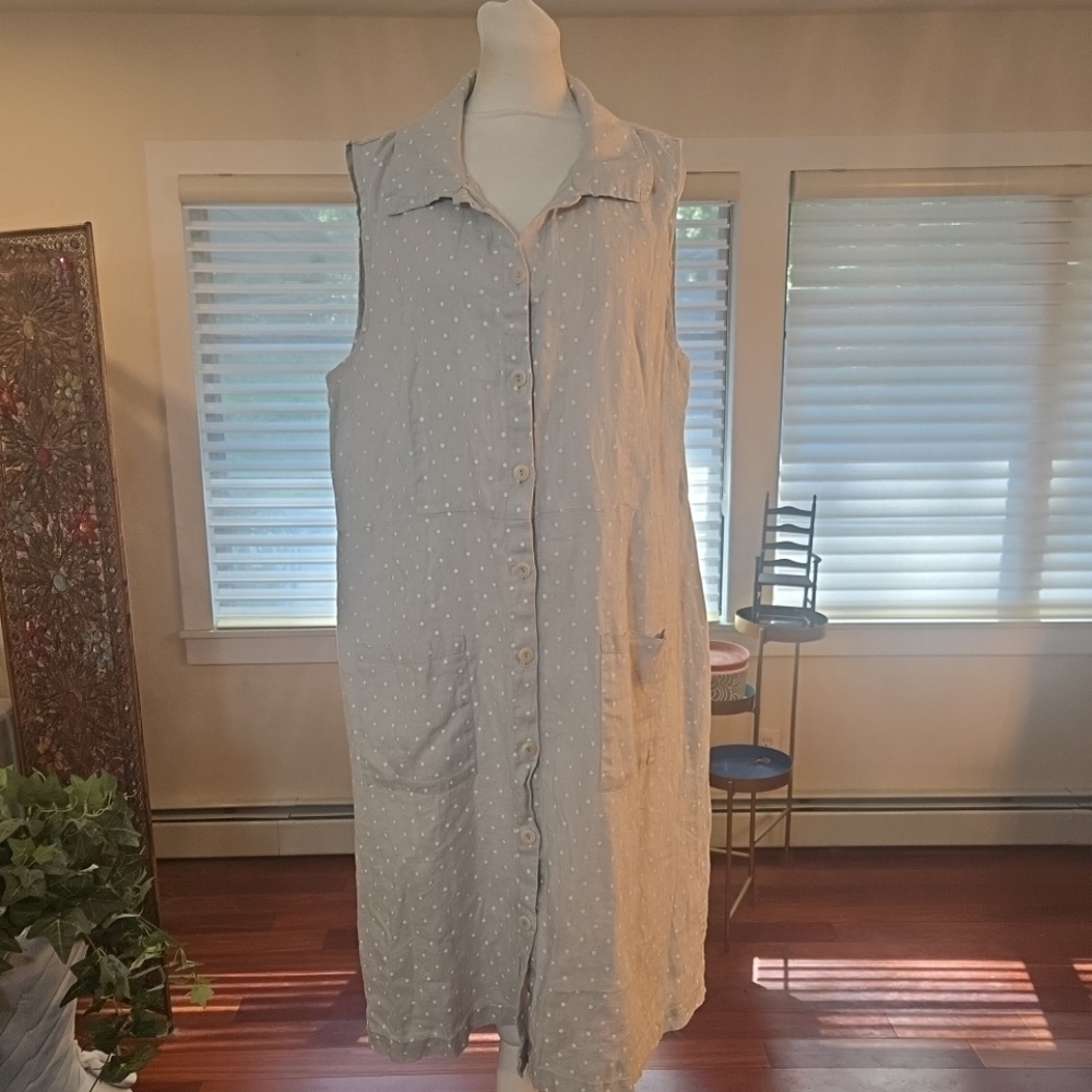 FLAX 100% Linen Lagenlook Sleeveless Polka Dot Shift Dress Gray White Medium